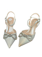 Oleg Cassini Rhinestone Bow Bridal Heels – White Pointed Toe Slingback Wedding Shoes- SIZE 6