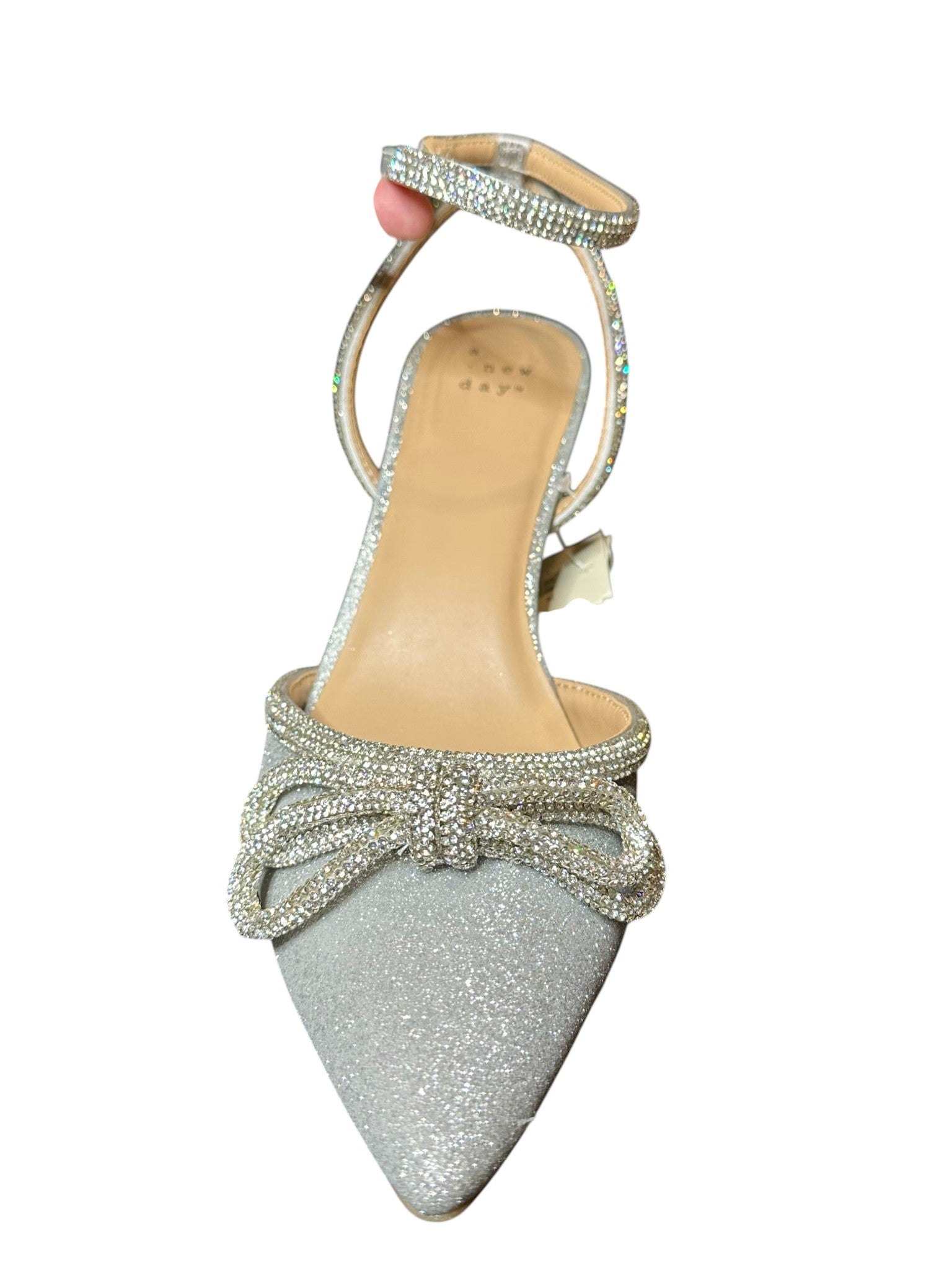 A New Day Silver Rhinestone Bow Heels – Pointed Toe Ankle Strap Pumps- SIZE 10