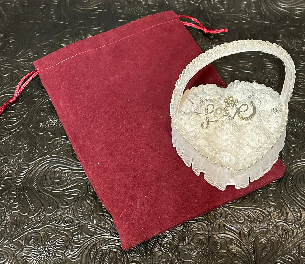 Heart-Shaped Wedding Ring Holder Box with Rhinestone “Love” Design