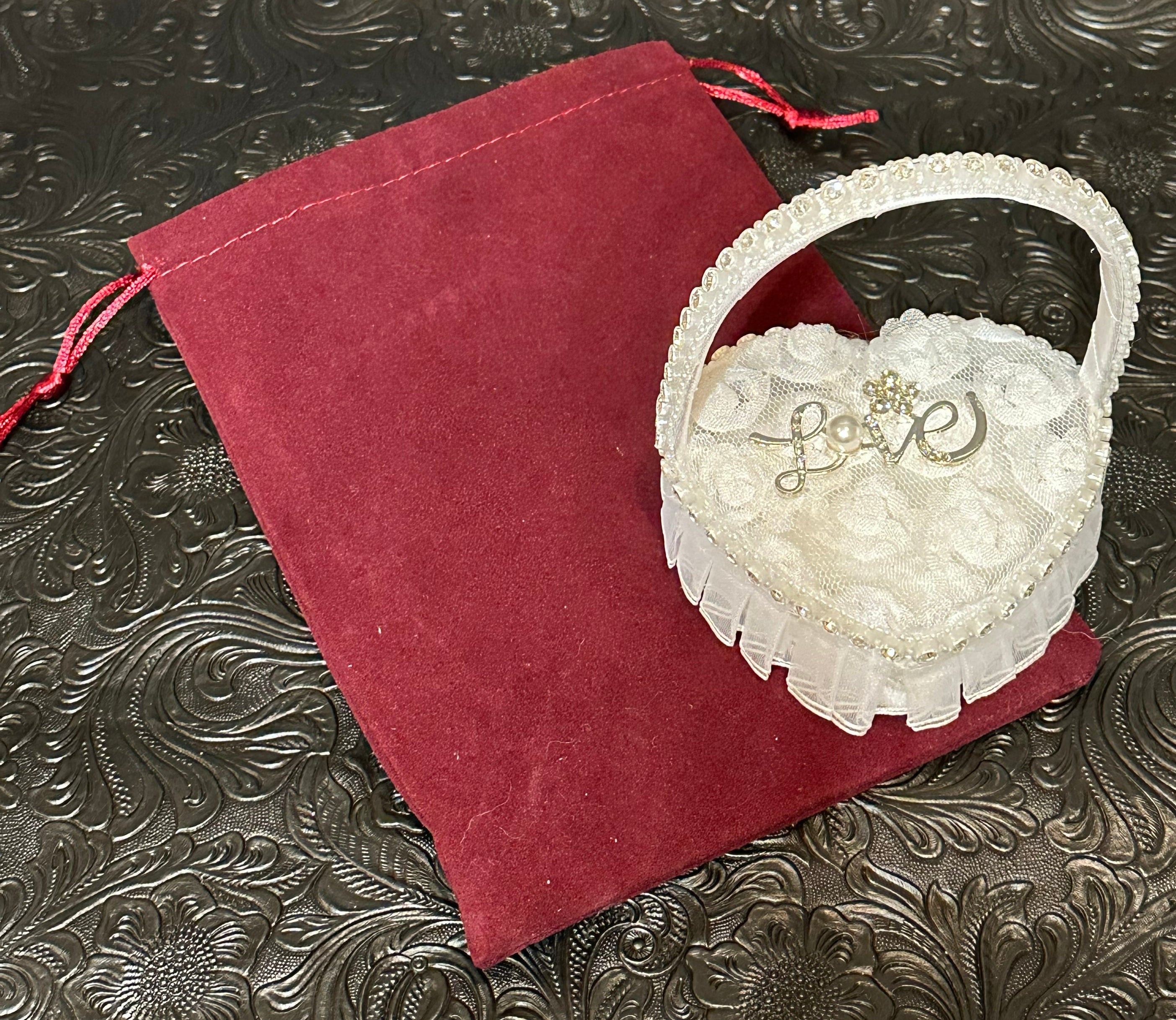 Heart-Shaped Wedding Ring Holder Box with Rhinestone “Love” Design