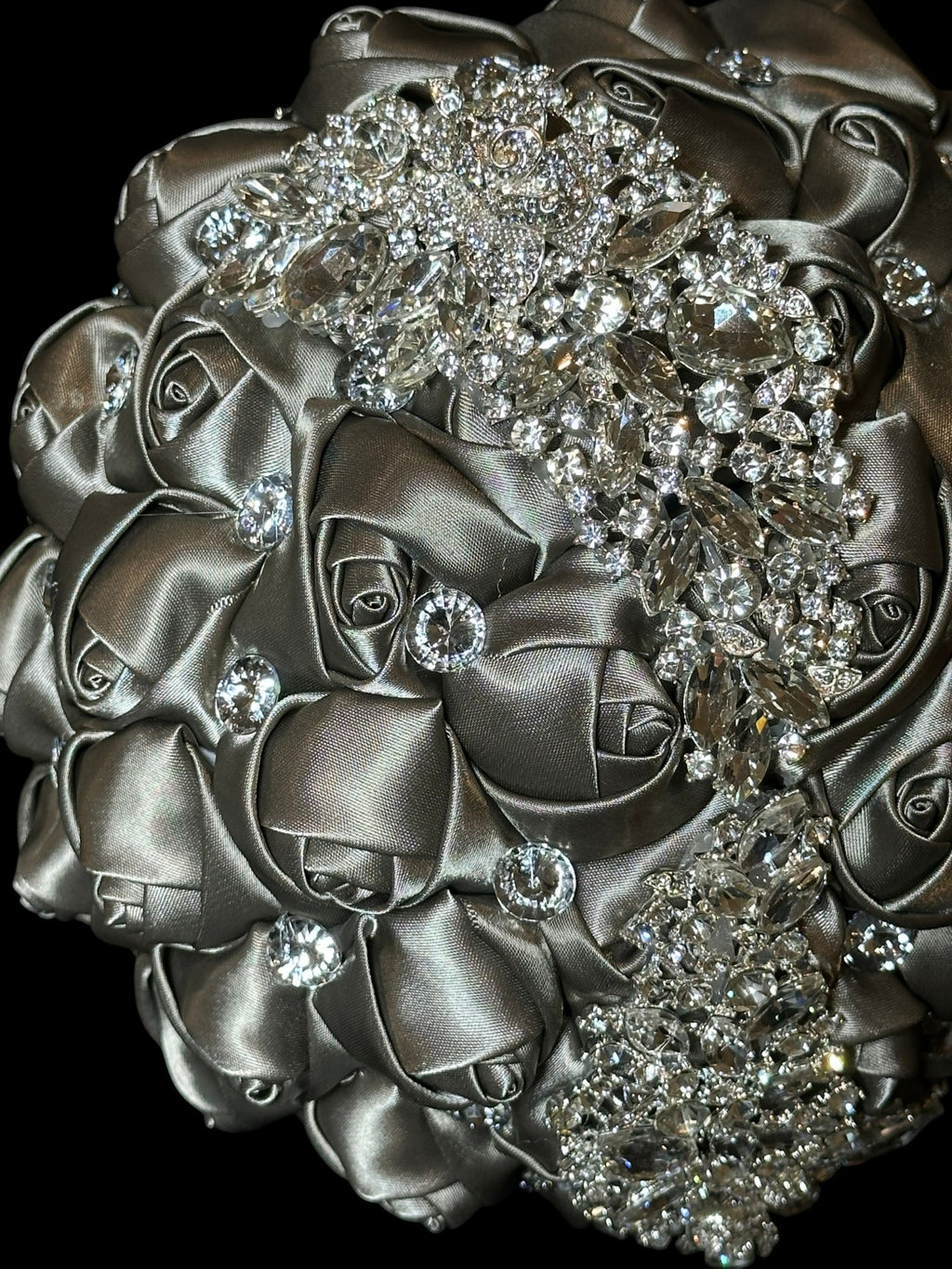 Silver Satin Rose Bud Bridal Bouquet with Crystal Accents