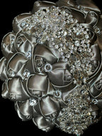 Silver Satin Rose Bud Bridal Bouquet with Crystal Accents