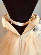 Strapless Ball Gown Wedding Dress w/ Layered Organza Skirt, Beaded Waist & Chapel Train SIZE 14