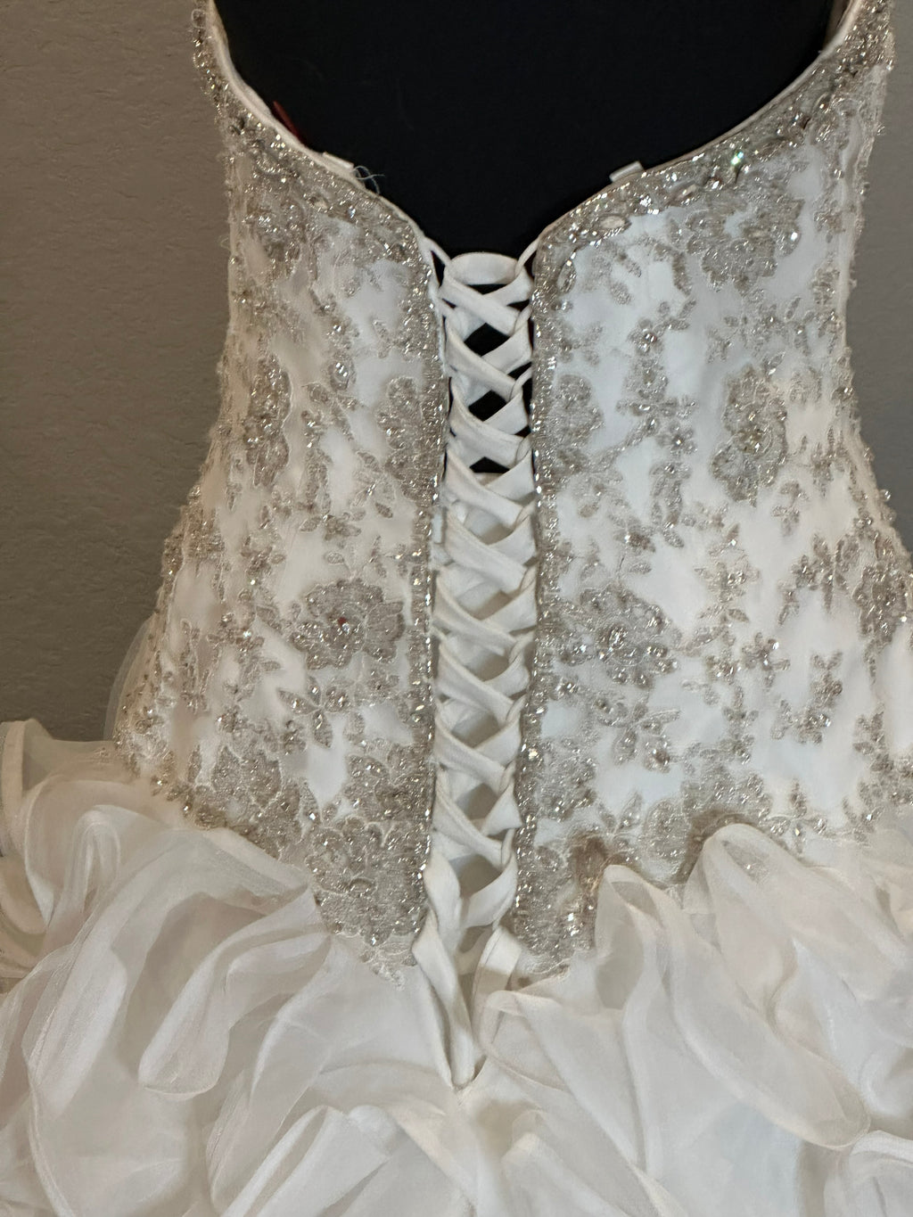 Christina Wu Strapless Wedding Dress – Beaded Bodice, Ruffle Ball Gown, Lace-Up Back- SIZE 10