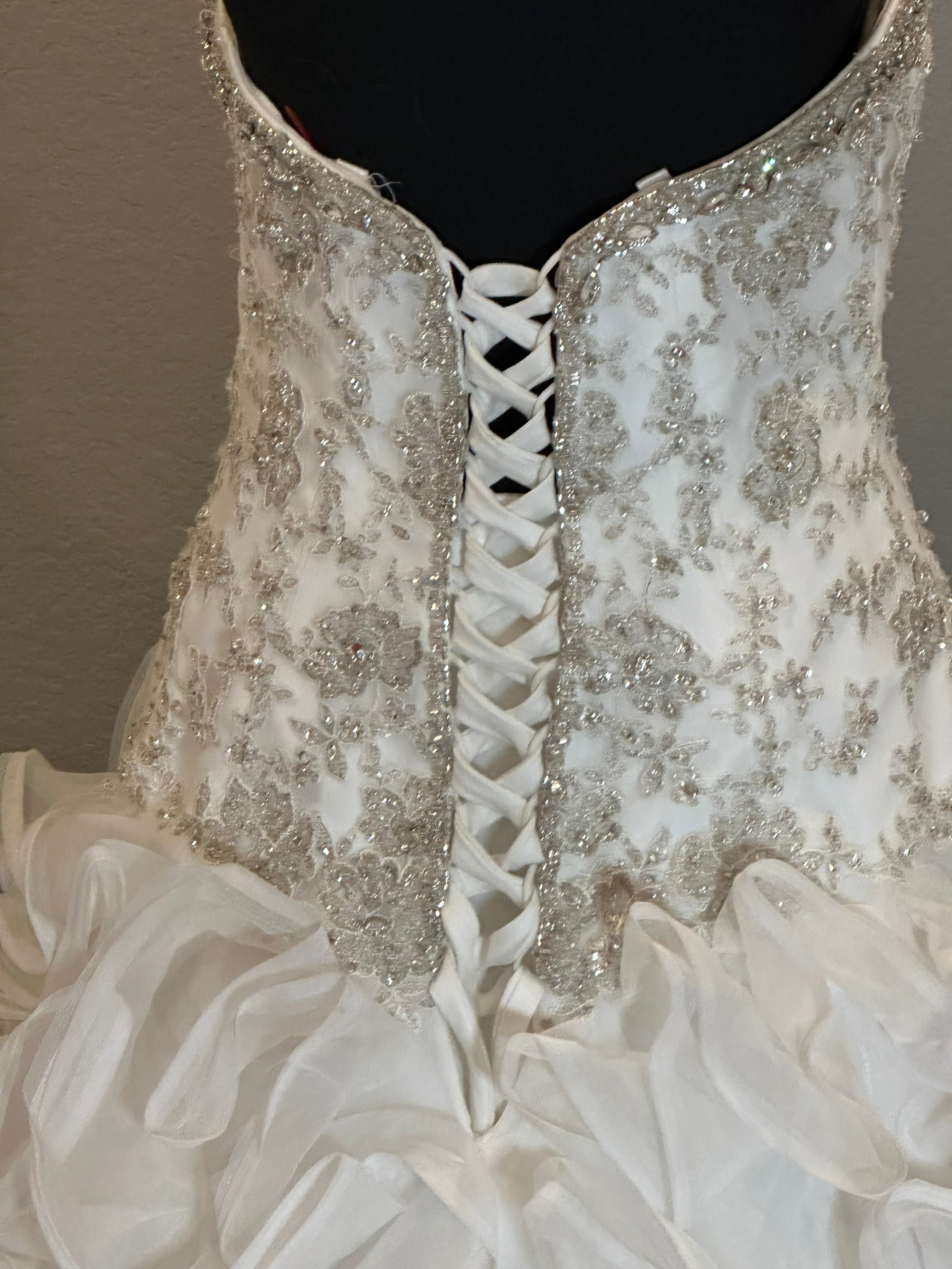Christina Wu Strapless Wedding Dress – Beaded Bodice, Ruffle Ball Gown, Lace-Up Back- SIZE 10