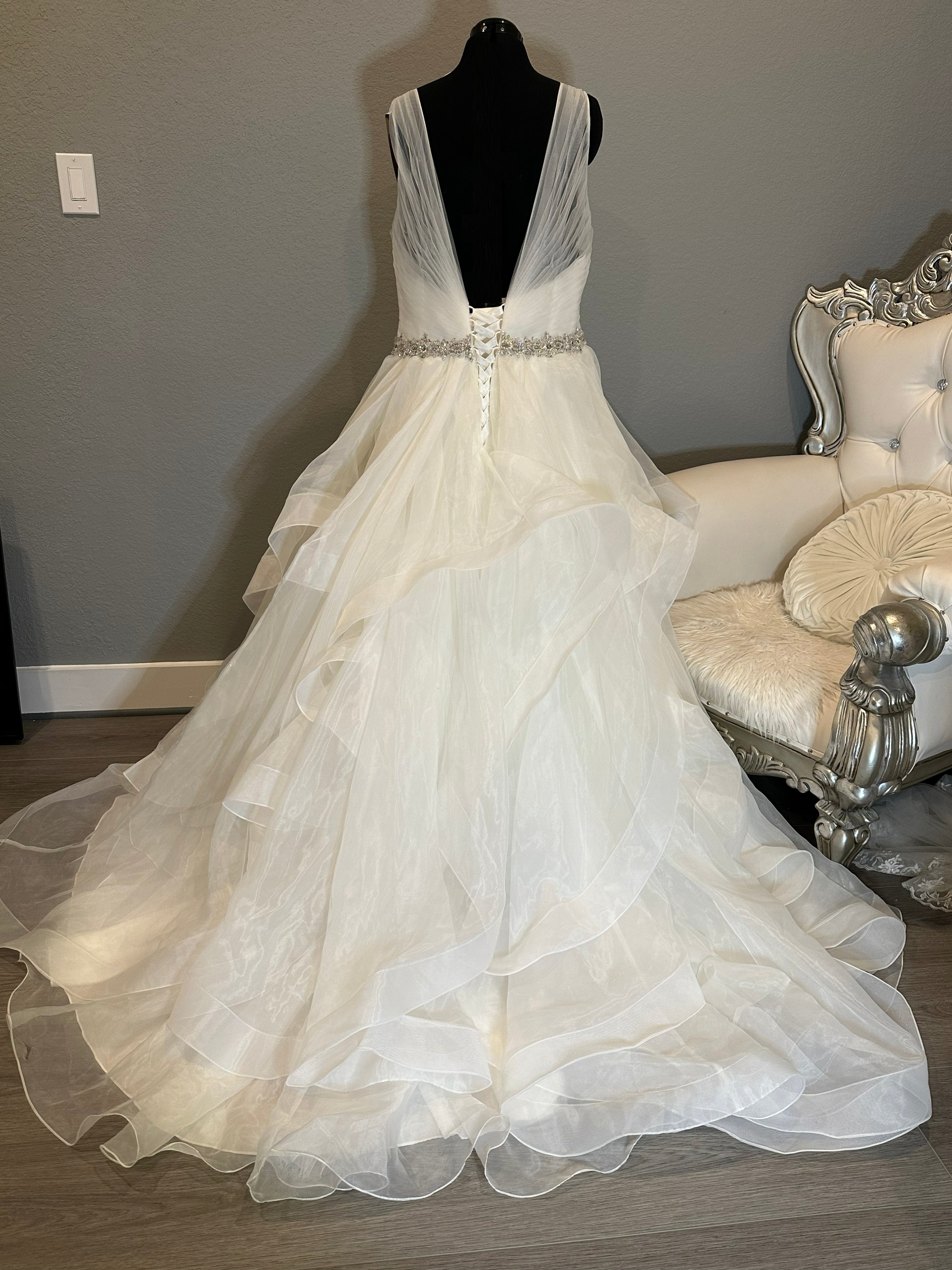 Boutique by Eddy K Wedding Dress – Organza Ruffle Ball Gown, V-Neck, Dramatic Train- SIZE 20