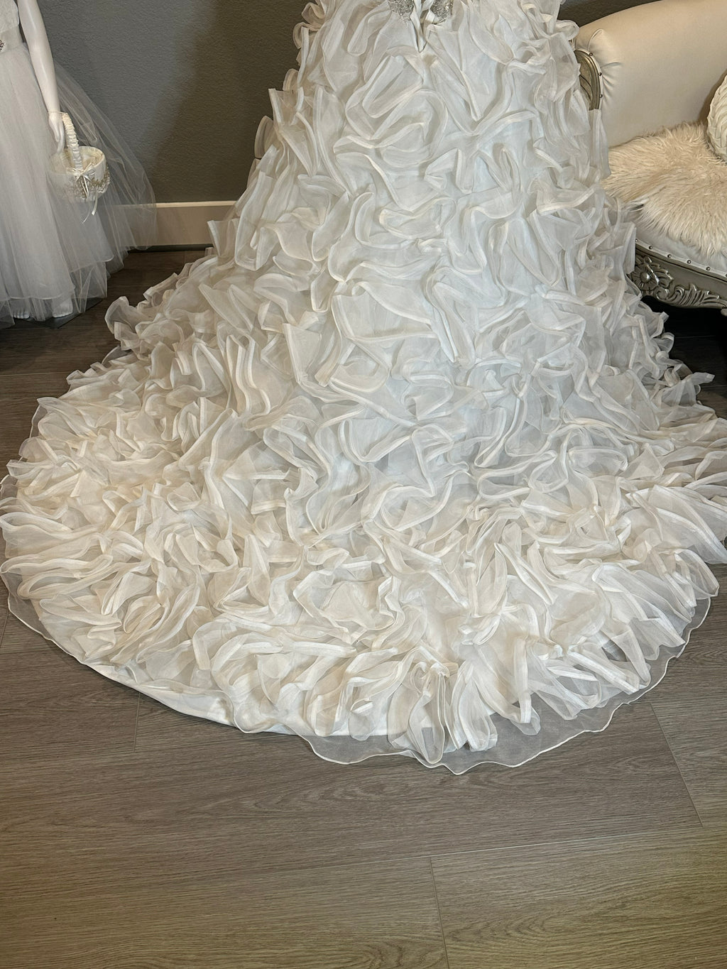 Christina Wu Strapless Wedding Dress – Beaded Bodice, Ruffle Ball Gown, Lace-Up Back- SIZE 10