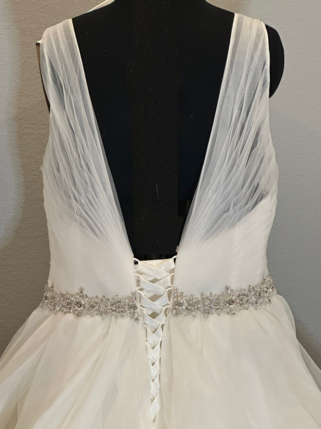 Boutique by Eddy K Wedding Dress – Organza Ruffle Ball Gown, V-Neck, Dramatic Train- SIZE 20