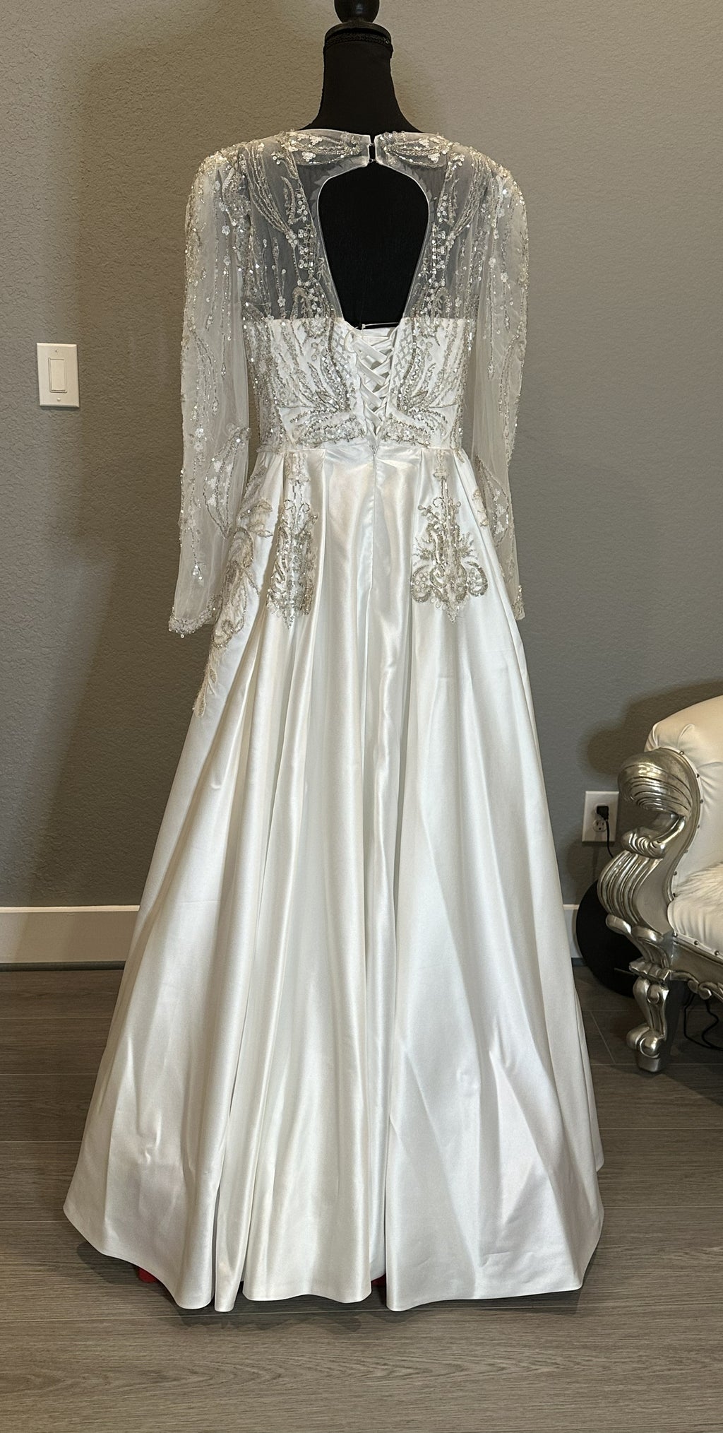 Long Sleeve Ball Gown Wedding Dress – Satin Skirt, Illusion Lace Bodice, Open Back-SIZE 14