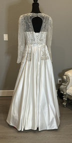 Long Sleeve Ball Gown Wedding Dress – Satin Skirt, Illusion Lace Bodice, Open Back-SIZE 14
