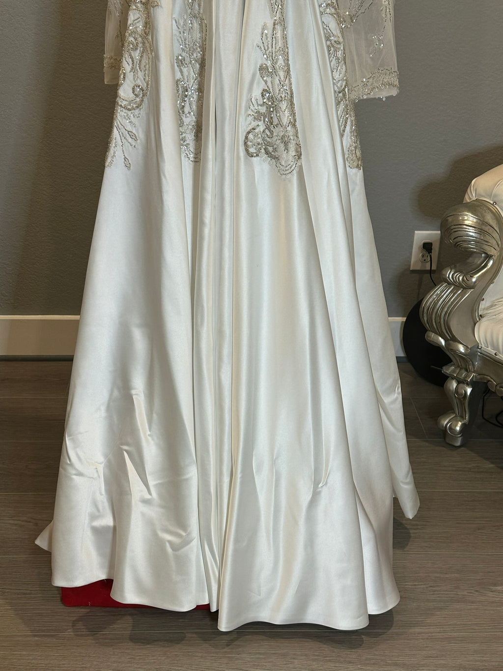 Long Sleeve Ball Gown Wedding Dress – Satin Skirt, Illusion Lace Bodice, Open Back-SIZE 14