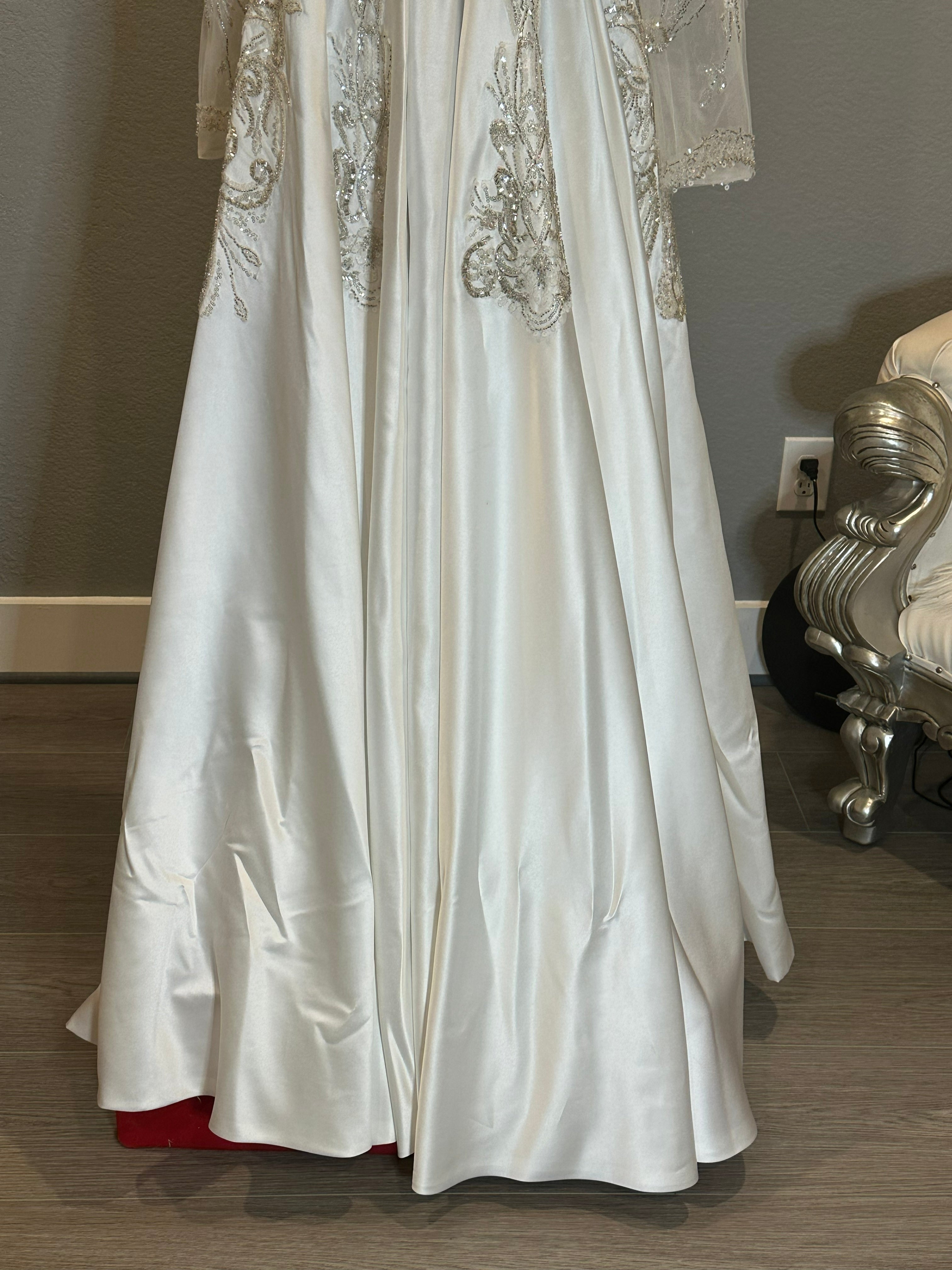 Long Sleeve Ball Gown Wedding Dress – Satin Skirt, Illusion Lace Bodice, Open Back-SIZE 14