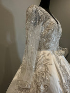 Long Sleeve Ball Gown Wedding Dress – Satin Skirt, Illusion Lace Bodice, Open Back-SIZE 14