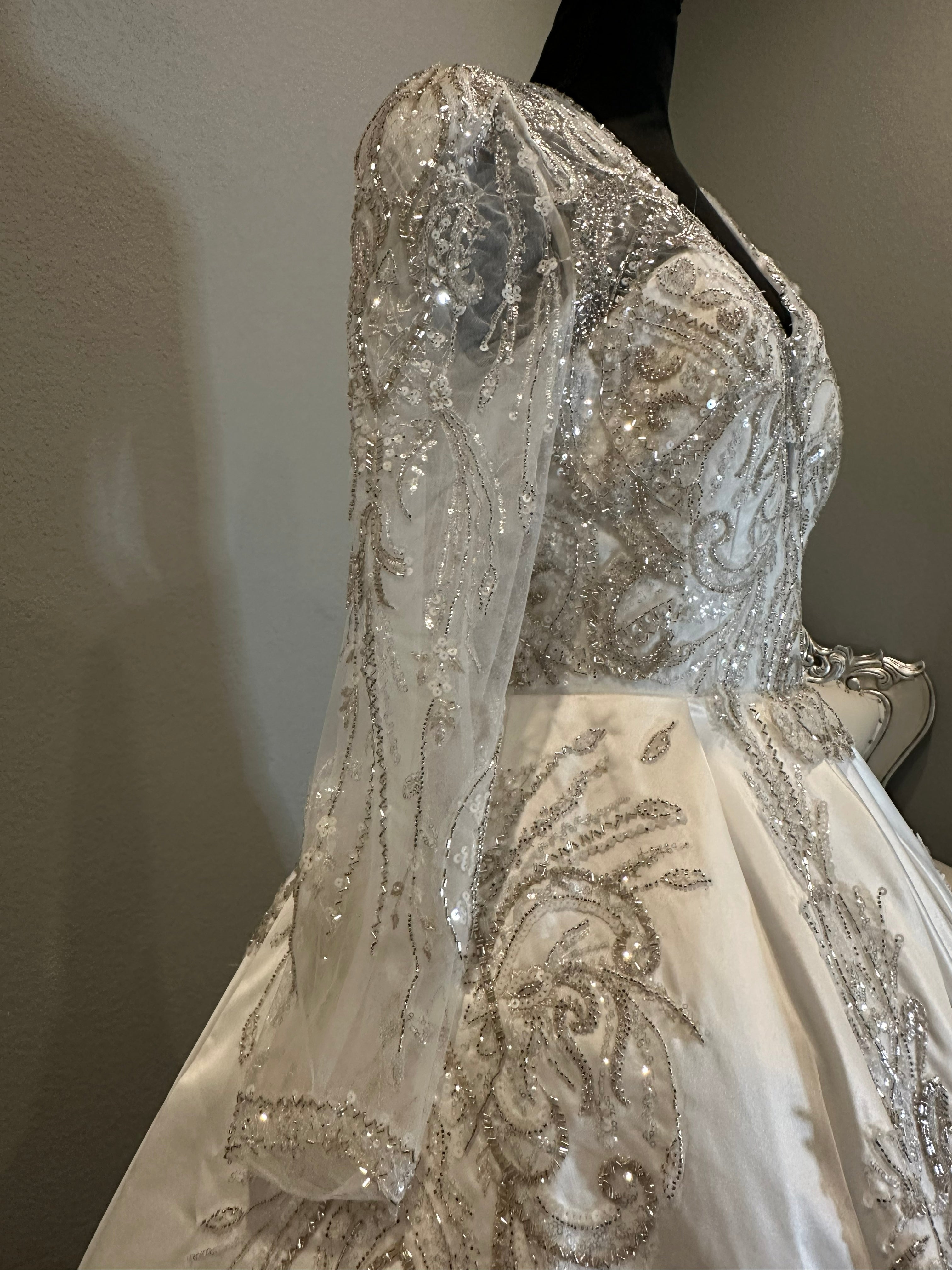 Long Sleeve Ball Gown Wedding Dress – Satin Skirt, Illusion Lace Bodice, Open Back-SIZE 14