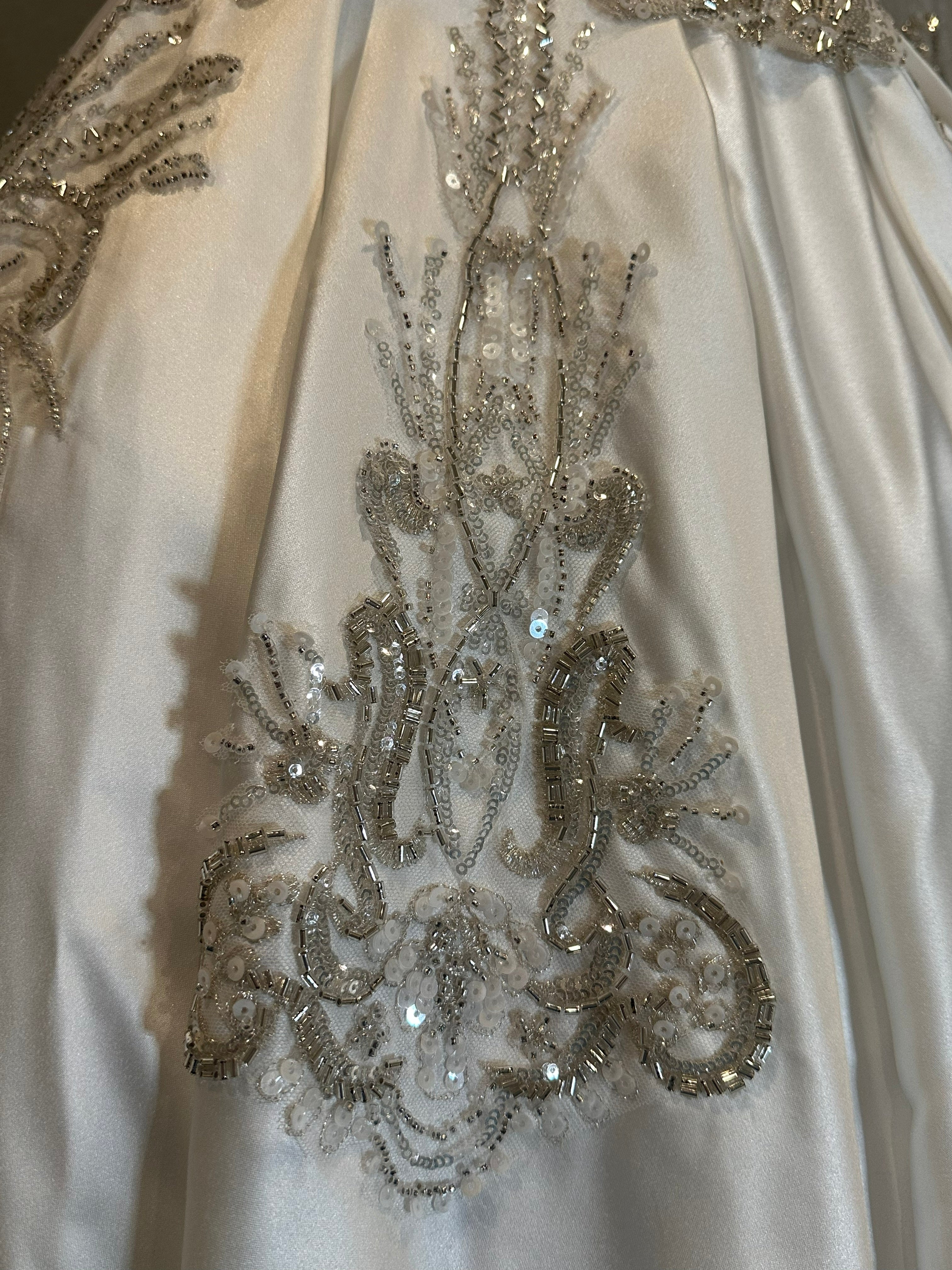 Long Sleeve Ball Gown Wedding Dress – Satin Skirt, Illusion Lace Bodice, Open Back-SIZE 14