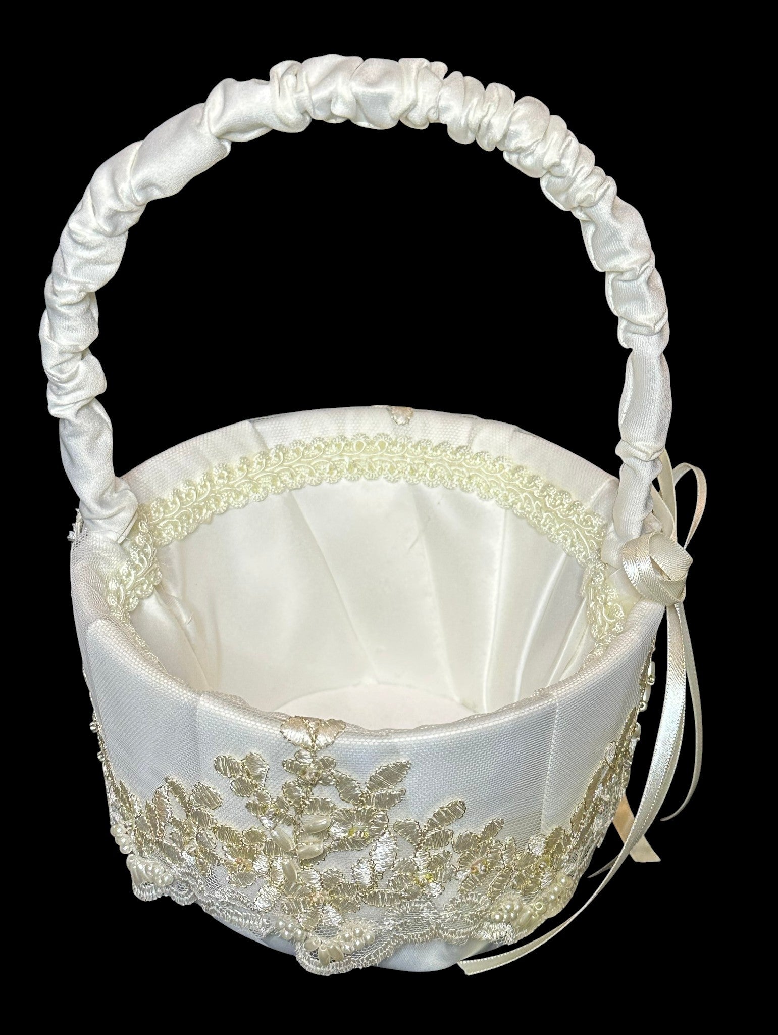Elegant Lace & Pearl Flower Girl Basket