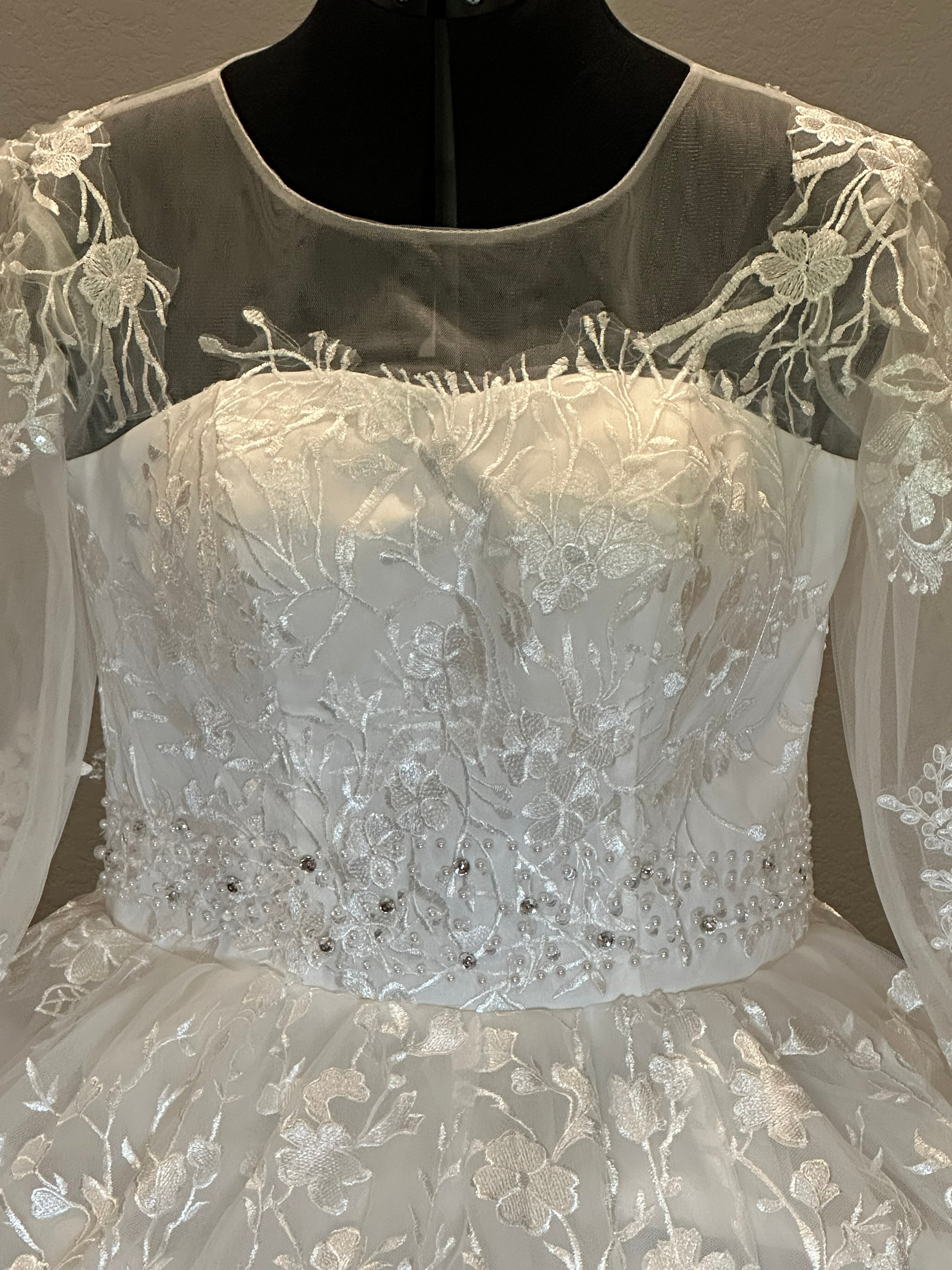 Illusion Sleeve Ball Gown Wedding Dress – Lace Appliqué, Full Tulle Skirt, Cathedral Train- SIZE 18