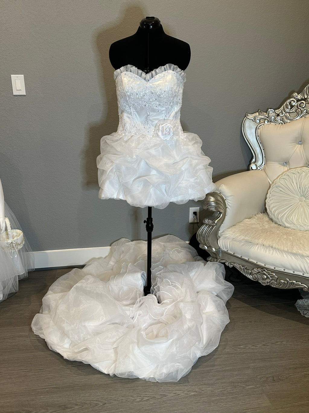 E Jue Shung Strapless Wedding Dress – Ruffle Ball Gown, High-Low Convertible Style- SIZE 16