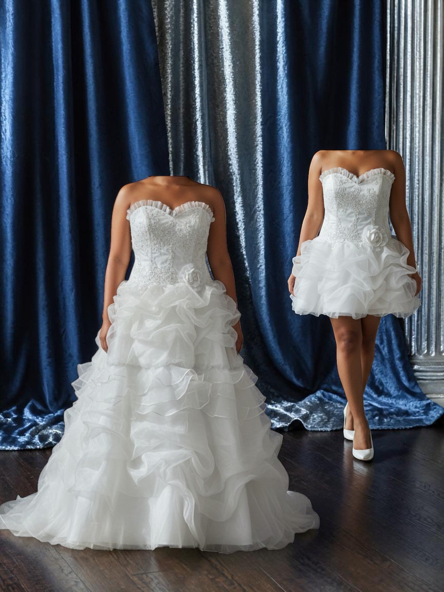E Jue Shung Strapless Wedding Dress – Ruffle Ball Gown, High-Low Convertible Style- SIZE 16