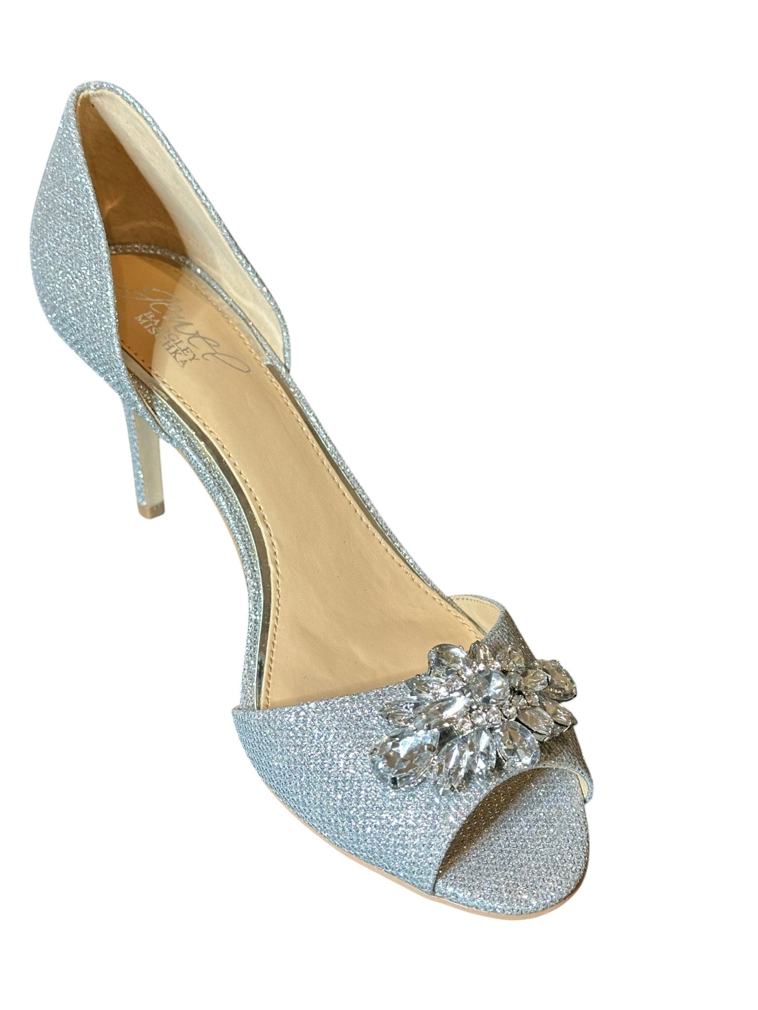 Jewel Badgley Mischka Crystal Bridal Heels– Silver Glitter Open Toe Wedding Shoes- SIZE 7.5
