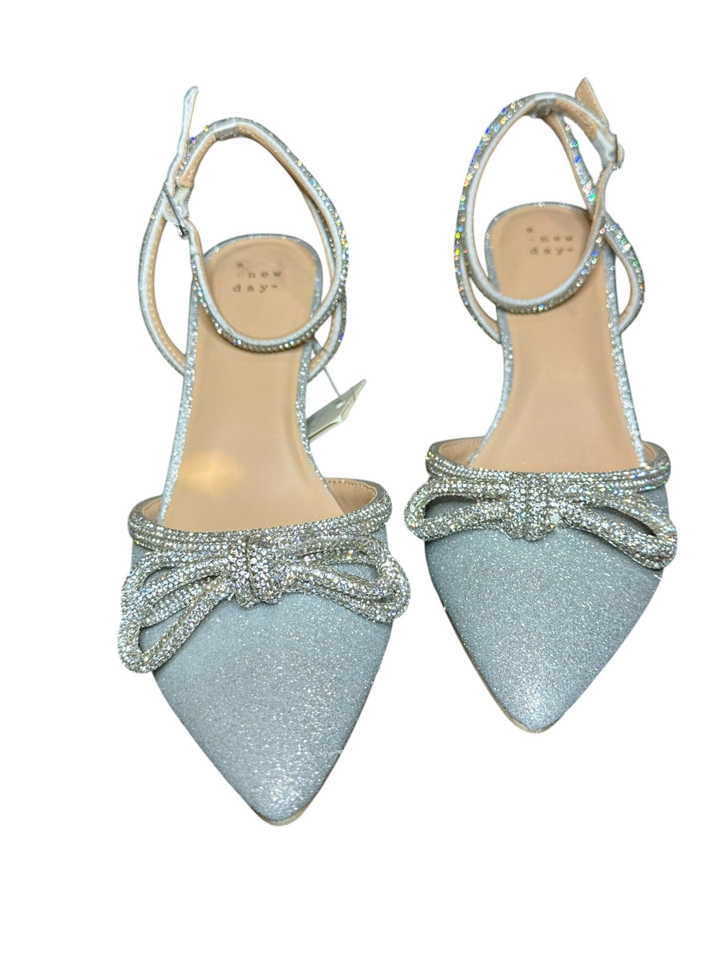 A New Day Silver Rhinestone Bow Heels – Pointed Toe Ankle Strap Pumps- SIZE 10