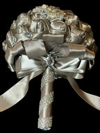 Silver Satin Rose Bud Bridal Bouquet with Crystal Accents
