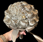 Silver Satin Rose Bud Bridal Bouquet with Crystal Accents
