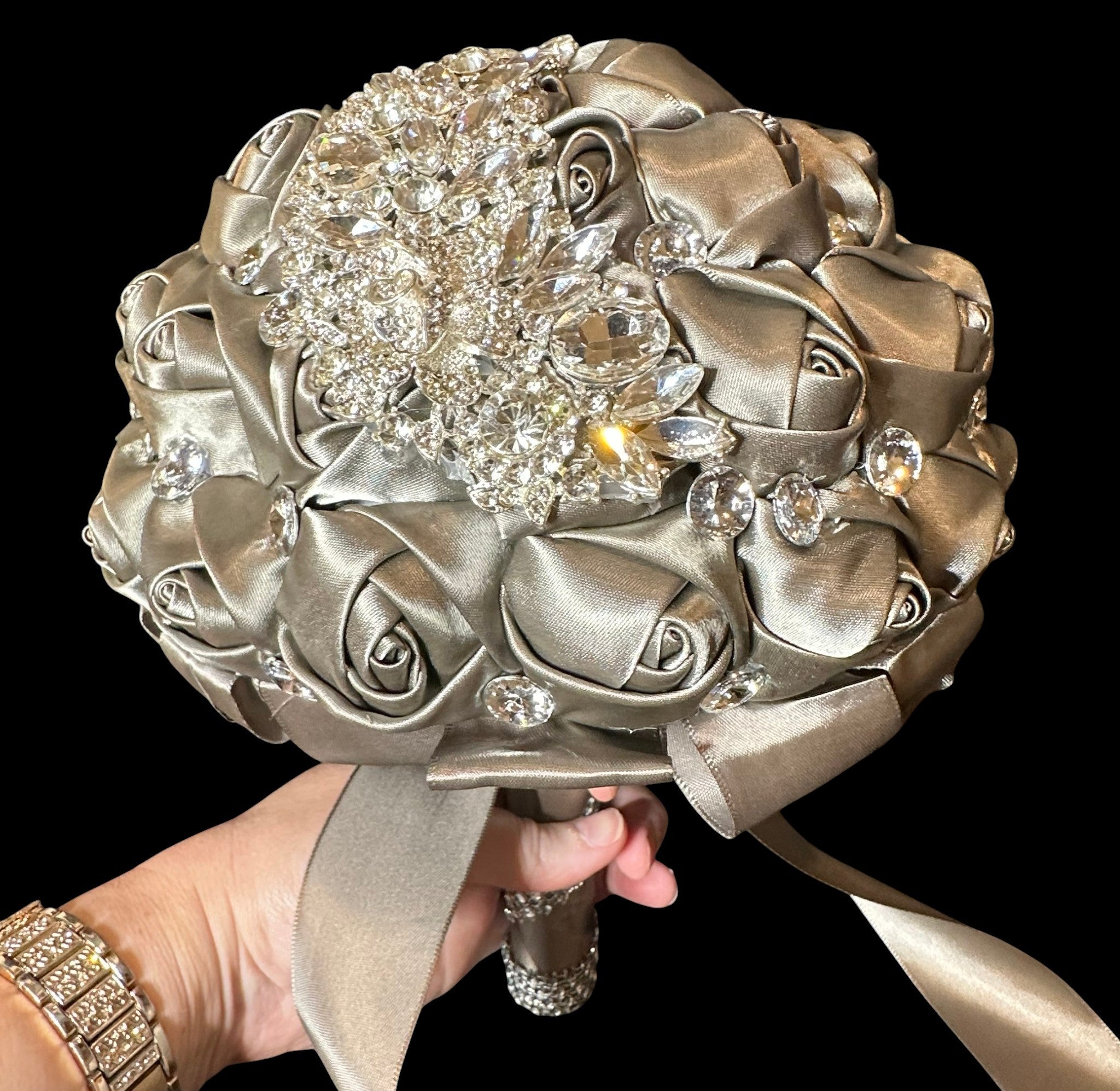 Silver Satin Rose Bud Bridal Bouquet with Crystal Accents