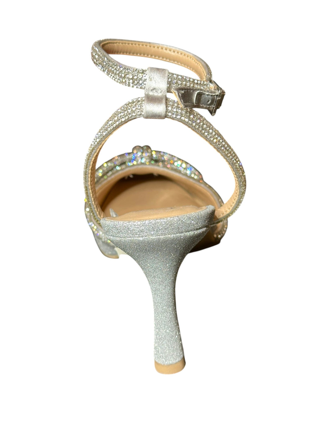 A New Day Silver Rhinestone Bow Heels – Pointed Toe Ankle Strap Pumps- SIZE 10