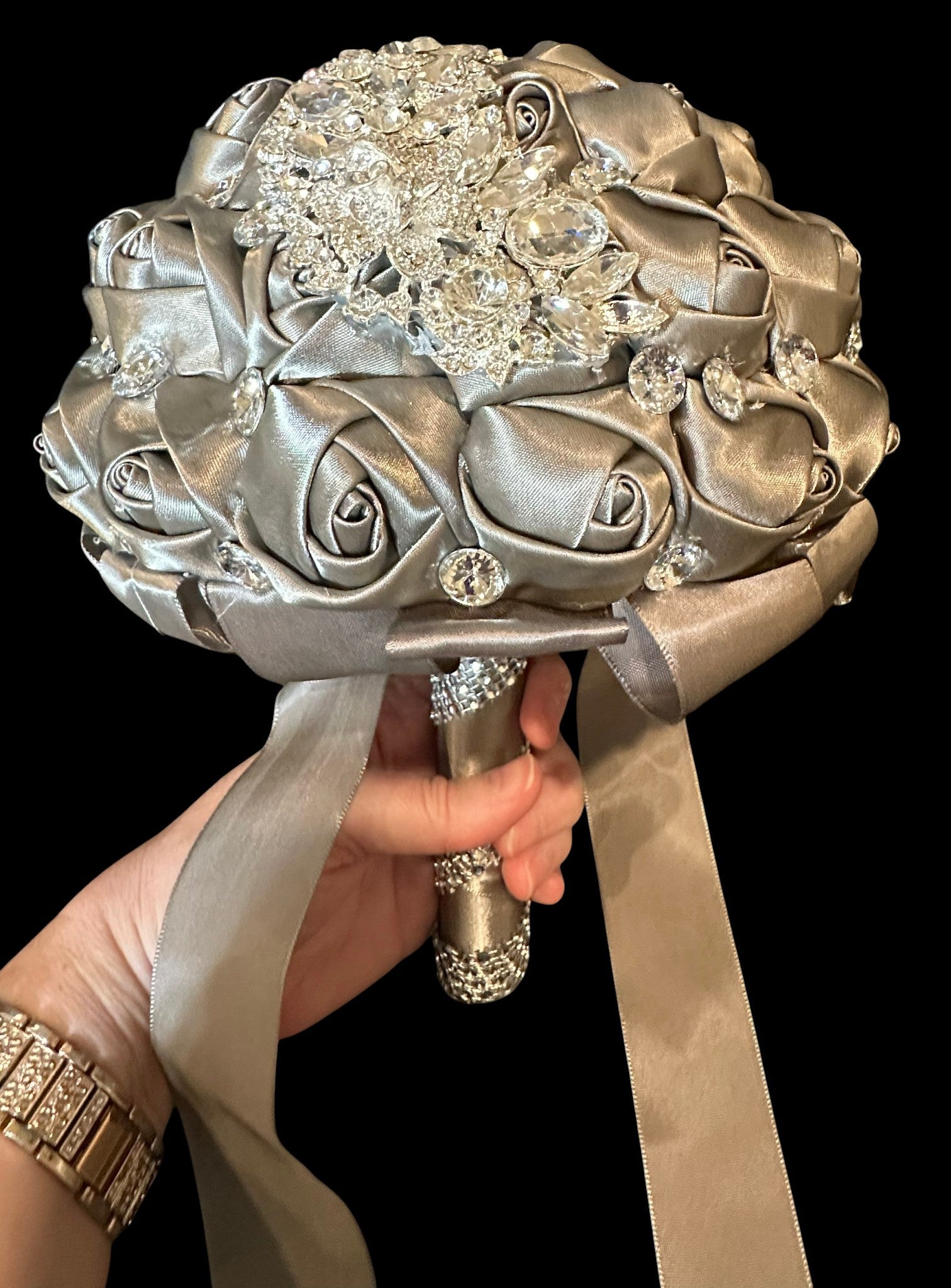 Silver Satin Rose Bud Bridal Bouquet with Crystal Accents