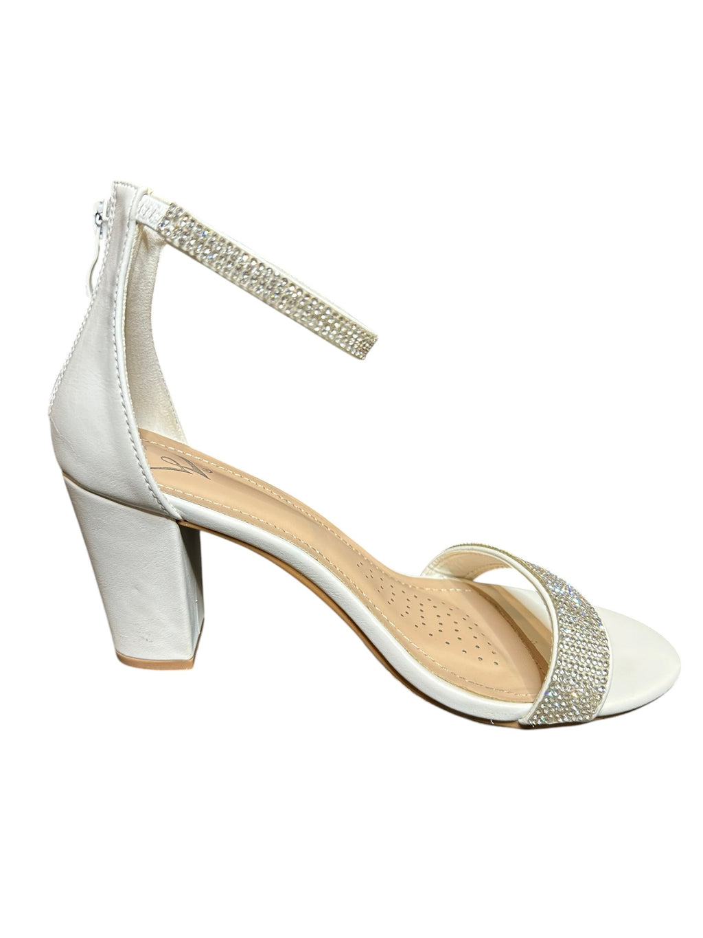 Windsor Rhinestone Block Heel Sandals – White Bridal Ankle Strap Heels- SIZE 8.5