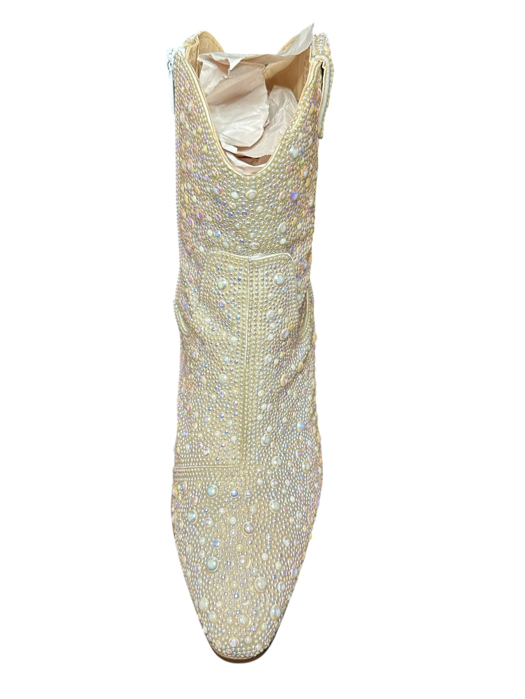 Betsey Johnson Pearl & Rhinestone Embellished Bridal Boots – Ivory Western Glam Heels- SIZE 6.5