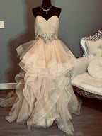 Strapless Ball Gown Wedding Dress w/ Layered Organza Skirt, Beaded Waist & Chapel Train SIZE 14