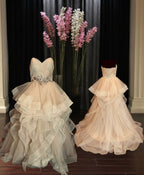 Strapless Ball Gown Wedding Dress w/ Layered Organza Skirt, Beaded Waist & Chapel Train SIZE 14