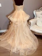 Strapless Ball Gown Wedding Dress w/ Layered Organza Skirt, Beaded Waist & Chapel Train SIZE 14