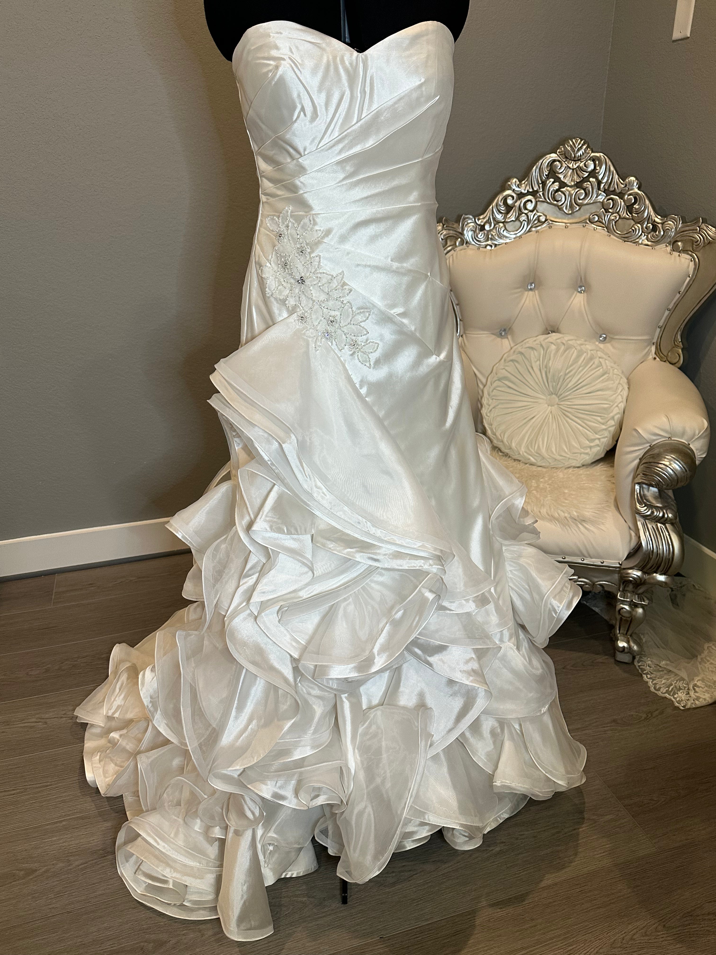 Jasmine Strapless Ruched Wedding Dress with Cascading Ruffled Train SIZE 8