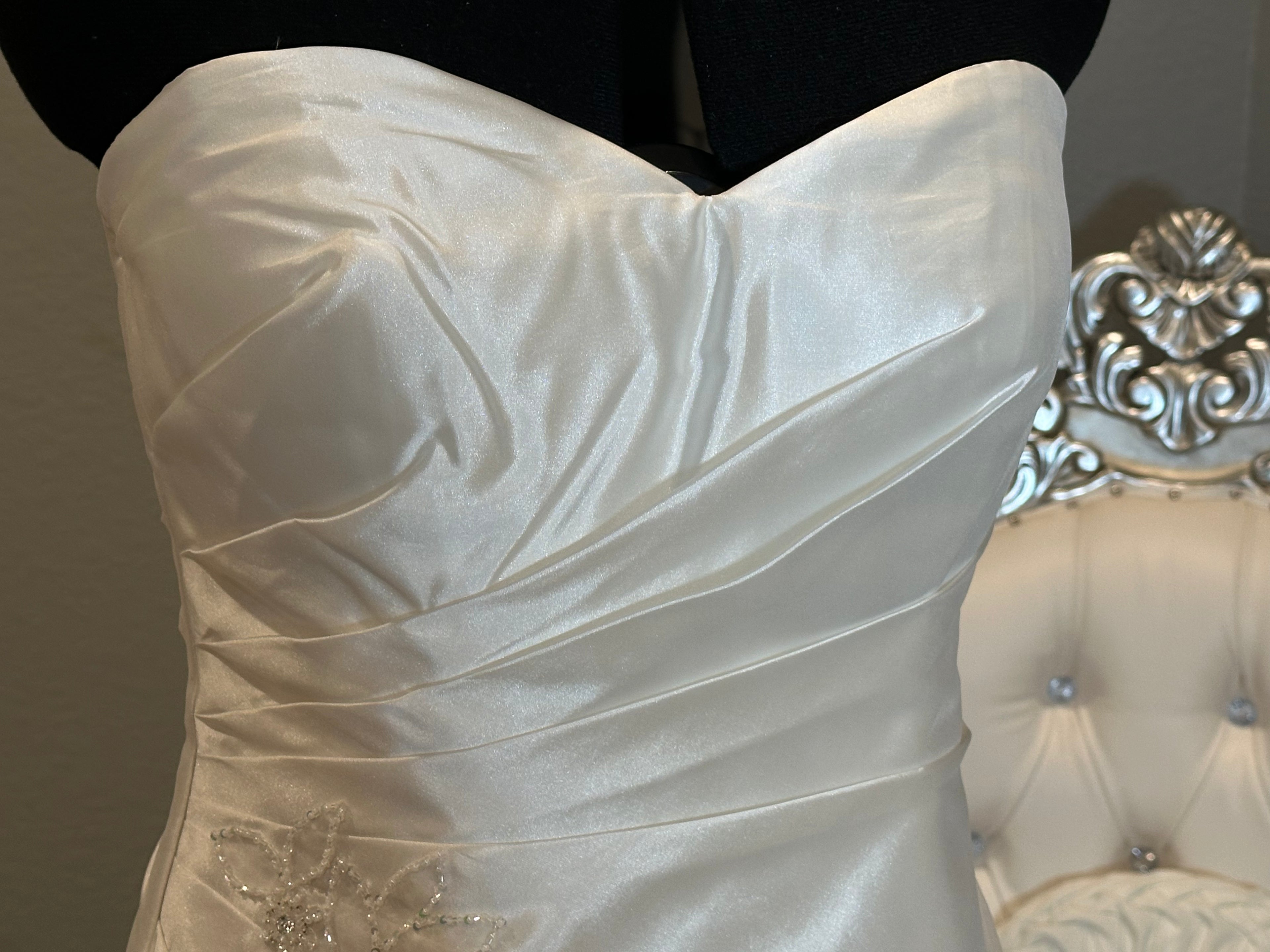 Jasmine Strapless Ruched Wedding Dress with Cascading Ruffled Train SIZE 8