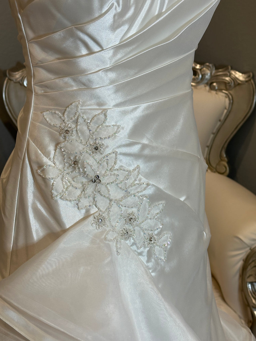 Jasmine Strapless Ruched Wedding Dress with Cascading Ruffled Train SIZE 8