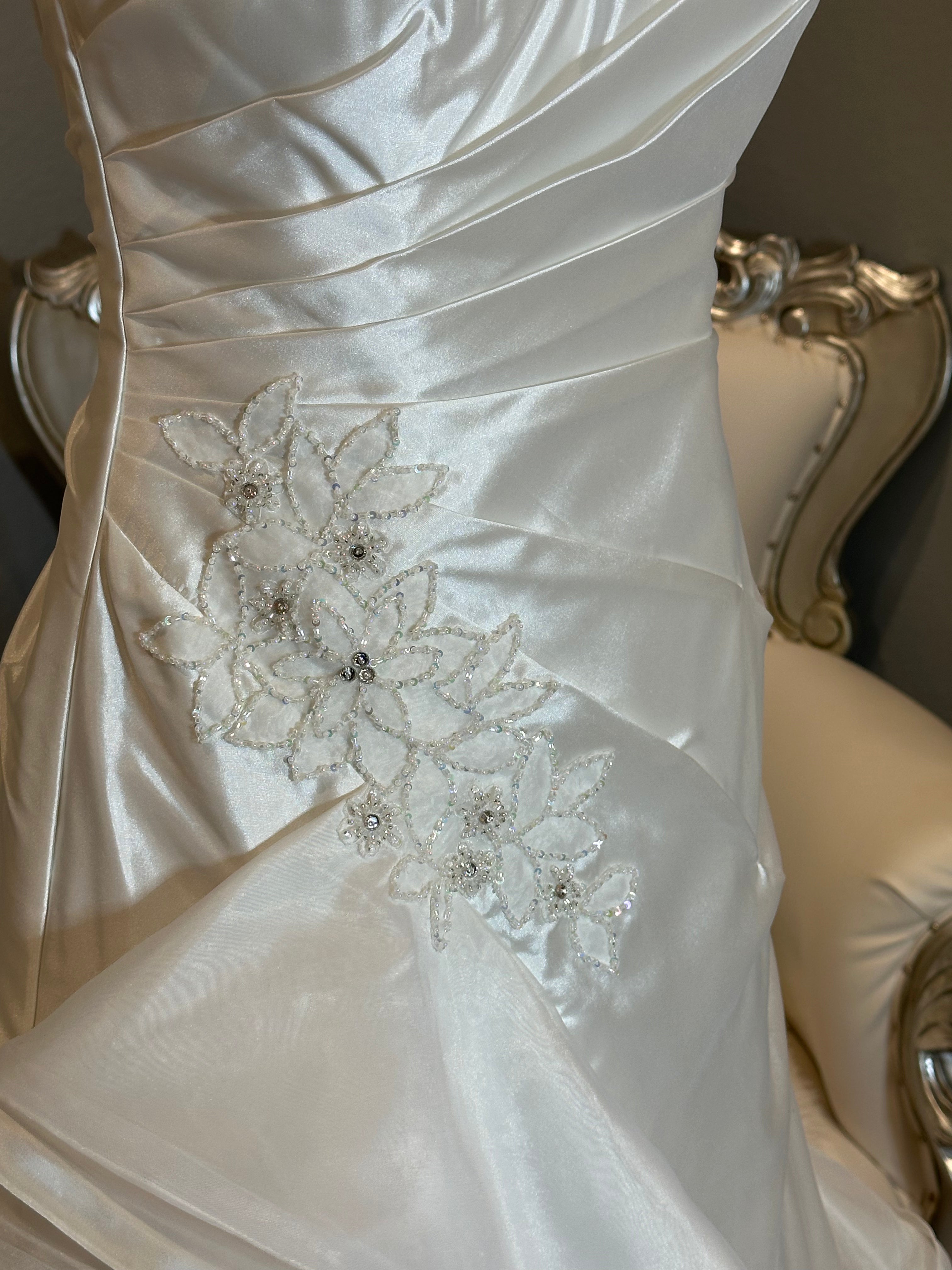 Jasmine Strapless Ruched Wedding Dress with Cascading Ruffled Train SIZE 8