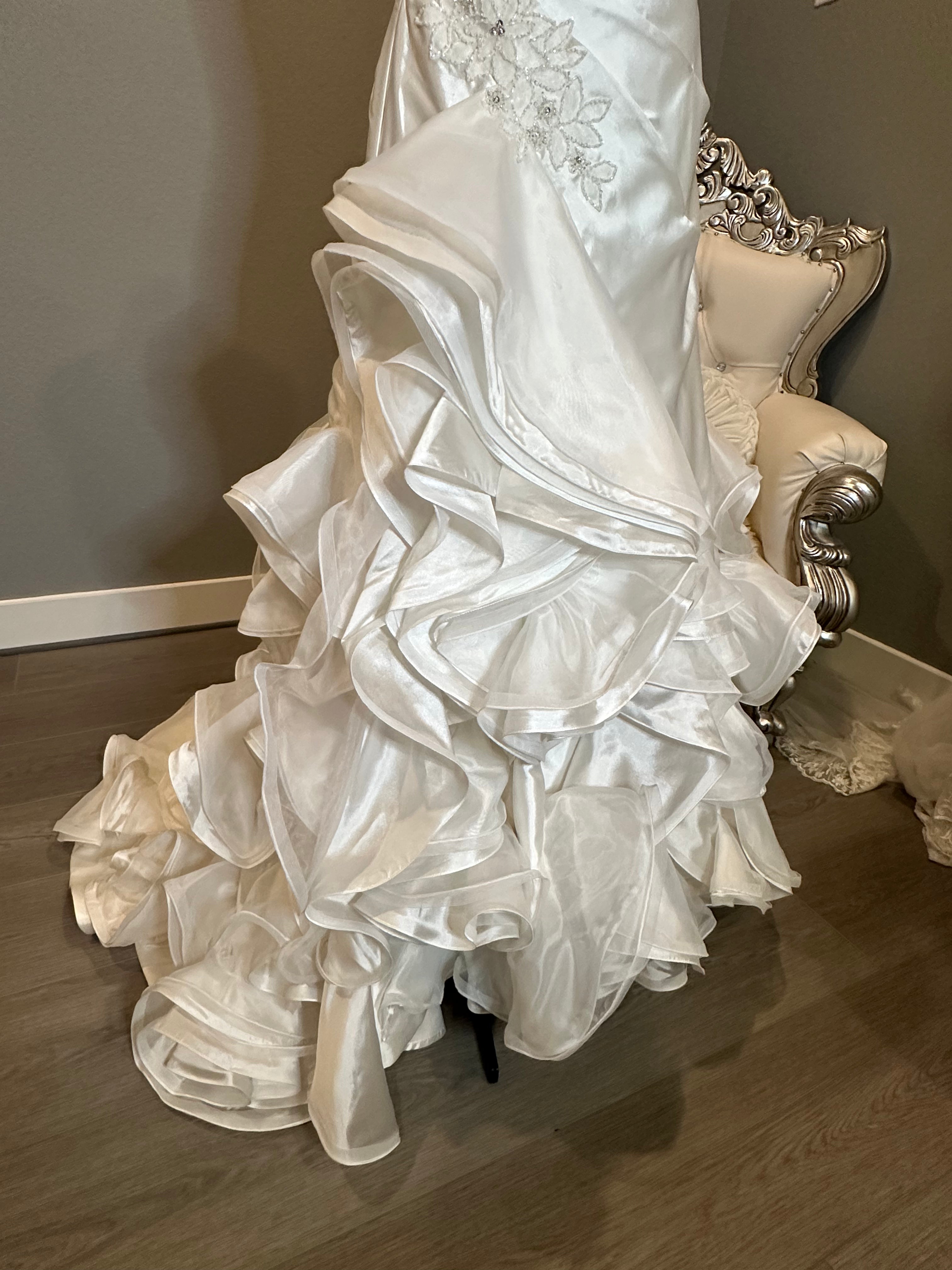 Jasmine Strapless Ruched Wedding Dress with Cascading Ruffled Train SIZE 8