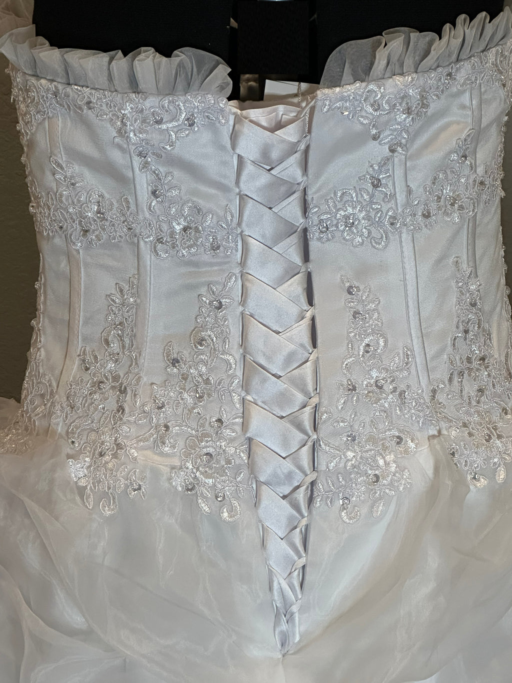 E Jue Shung Strapless Wedding Dress – Ruffle Ball Gown, High-Low Convertible Style- SIZE 16