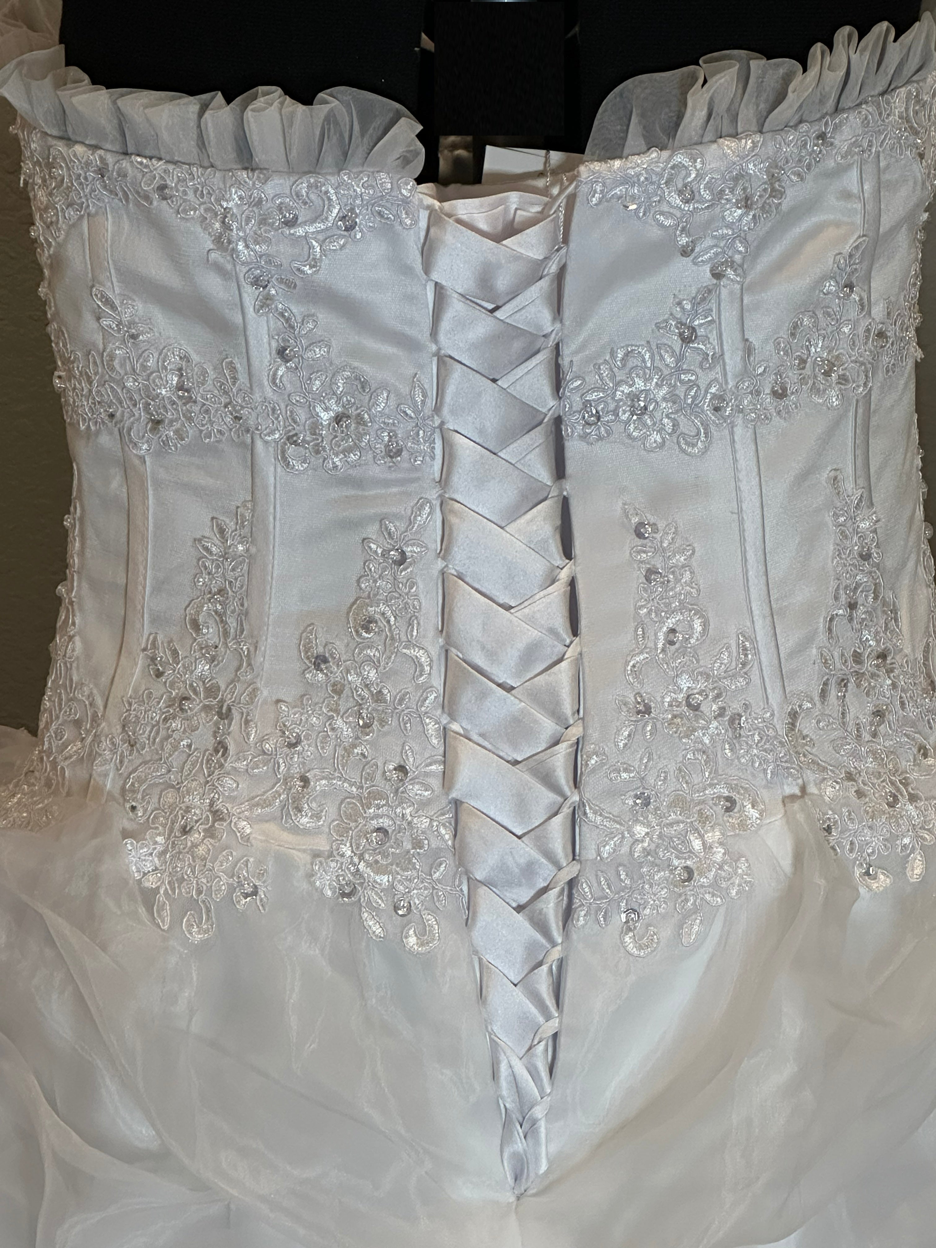 E Jue Shung Strapless Wedding Dress – Ruffle Ball Gown, High-Low Convertible Style- SIZE 16