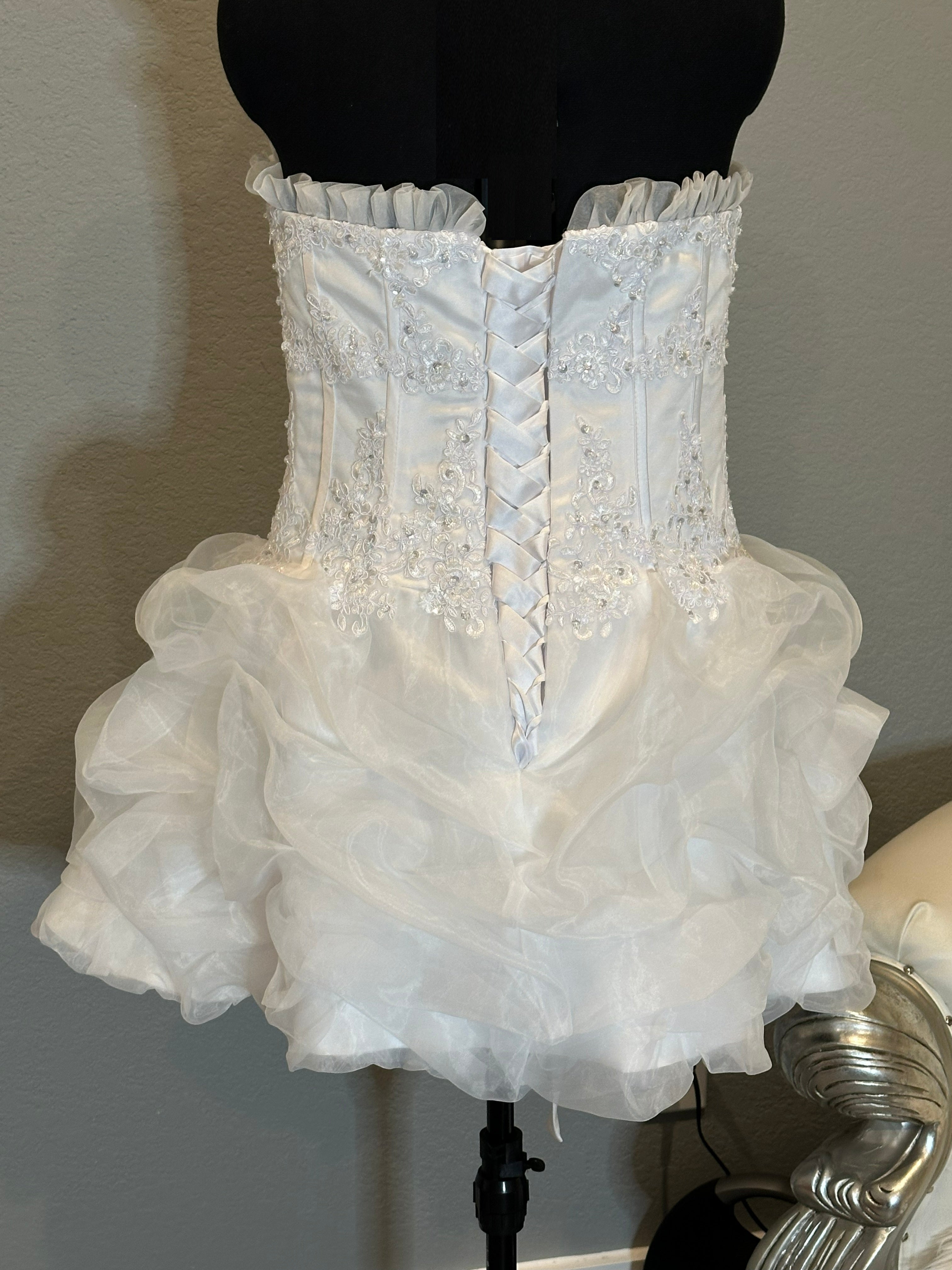 E Jue Shung Strapless Wedding Dress – Ruffle Ball Gown, High-Low Convertible Style- SIZE 16