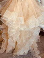 Strapless Ball Gown Wedding Dress w/ Layered Organza Skirt, Beaded Waist & Chapel Train SIZE 14