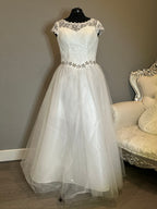 Park Bravo Tea-Length Wedding Dress – Lace Bodice, Illusion Neckline, Tulle Skirt- SIZE 18