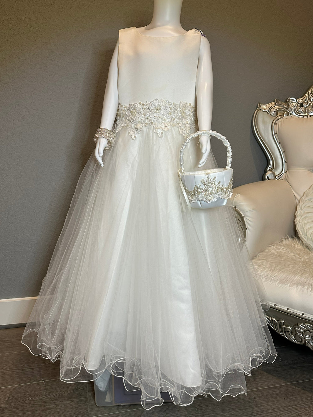 Tip Top Ivory Flower Girl Dress – Tulle Skirt, Lace Waist, Formal Wedding Dress- SIZE 12