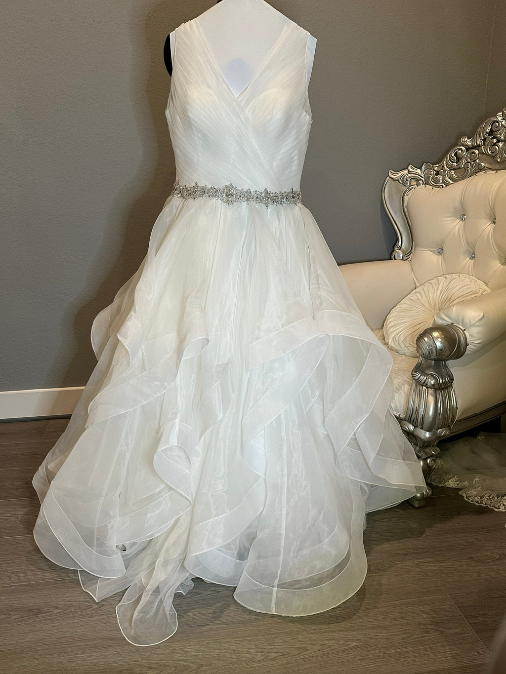 Boutique by Eddy K Wedding Dress – Organza Ruffle Ball Gown, V-Neck, Dramatic Train- SIZE 20