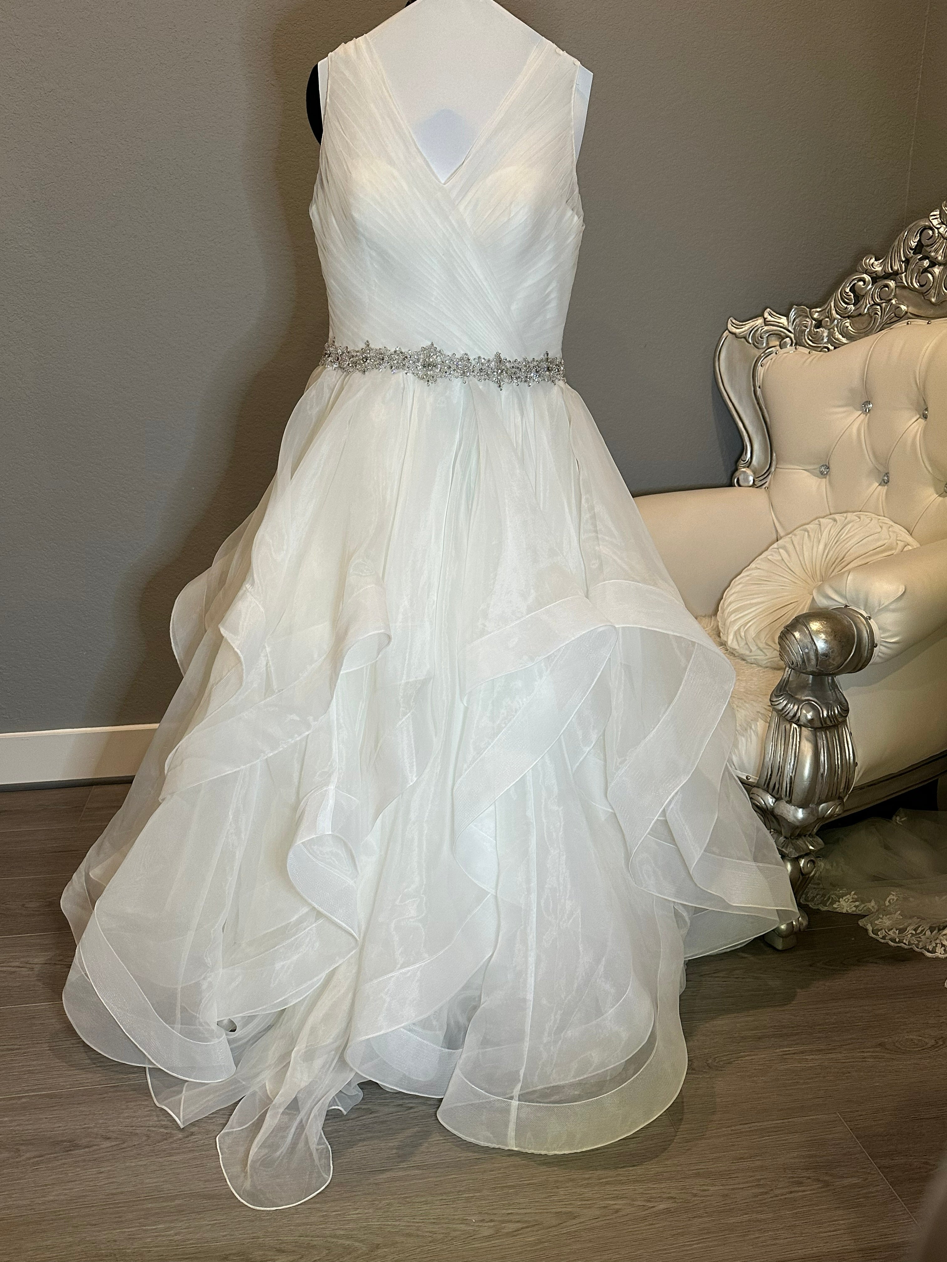 Boutique by Eddy K Wedding Dress – Organza Ruffle Ball Gown, V-Neck, Dramatic Train- SIZE 20