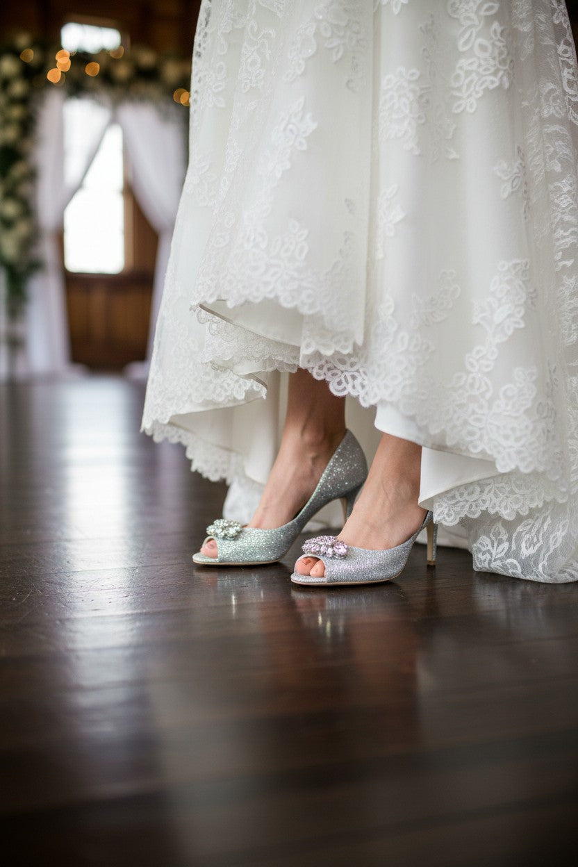 Jewel Badgley Mischka Crystal Bridal Heels– Silver Glitter Open Toe Wedding Shoes- SIZE 7.5