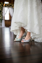 Jewel Badgley Mischka Crystal Bridal Heels– Silver Glitter Open Toe Wedding Shoes- SIZE 7.5